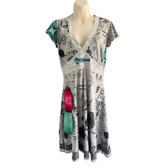 Desigual Woman's Sz M Gray Silver Turquoise Abstract Print V Neck Dress - Picture 1 of 10